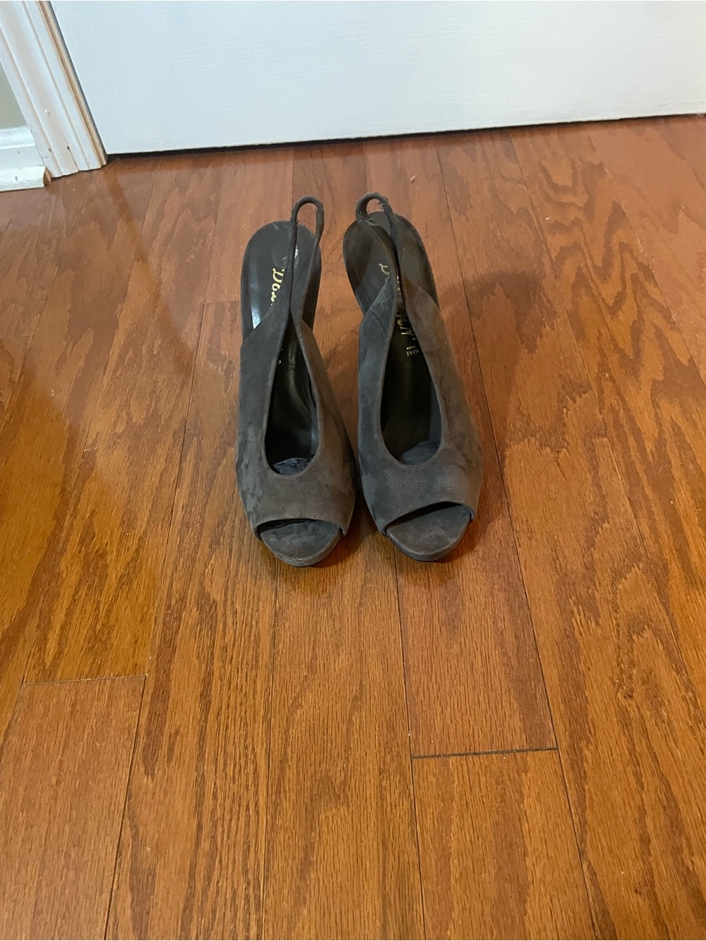 Delman Black Suede Peep-Toe Slingback Heels